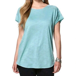 Chaps Top Women's Size 2X Blue Cotton Stretchy Plus Lace Trimmed Jersey Shirt